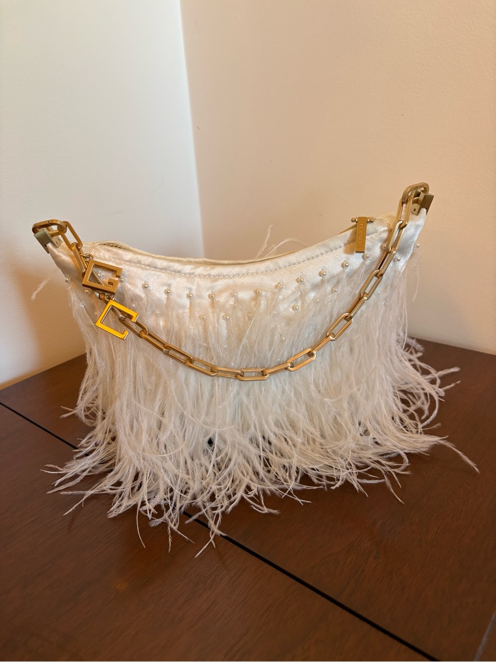 Cult Gaia Gia Satin, Pearl, & Ostrich Feather Bag